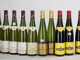 plusieurs bouteilles de vin sont alignées sur une surface blanche