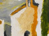 an oil painting of a church with a steeple on a hill
