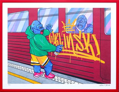 tableau représentant un homme vêtu d'un sweat à capuche vert, debout à côté d'un train recouvert de graffitis
