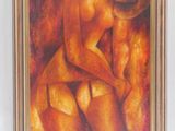 painting of a woman sitting on a couch in front of a painting of a man