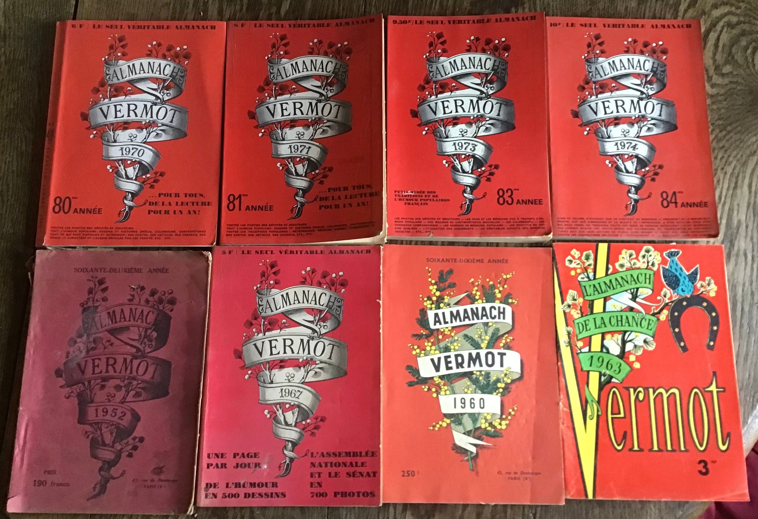 Ensemble de 8 volumes de l’Almanach Vermot 1952,1960,1963,1967,1970,1971,1973,1974 Bel État d’usage