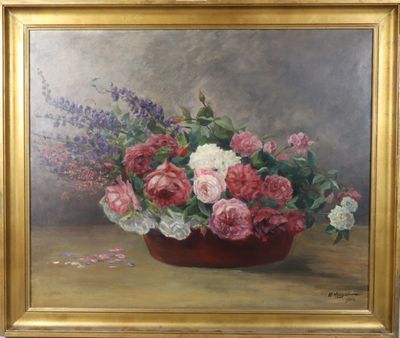 une peinture à l'huile représentant des fleurs dans un bol rouge posé sur une table