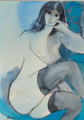 tableau représentant une femme assise sur une surface bleue, la main posée sur le menton