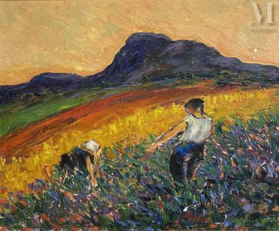 une peinture à l'huile représentant deux personnes dans un champ, avec une montagne en arrière-plan