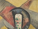 un tableau représentant un vase et une paire de ciseaux posés sur une table