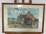 peinture sur chevalet représentant une ferme avec une grange en arrière-plan