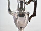 silver plated tea pot with wooden handle and handle