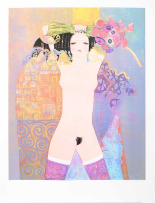 une image d'une peinture représentant une femme avec des fleurs dans les cheveux