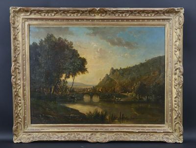 un tableau représentant une scène fluviale avec un pont au premier plan