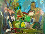 une peinture à l'huile représentant un tableau d'une maison verte au toit rouge