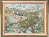 an image of a painting of a house by a river
