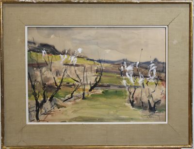 une image représentant un tableau d'un champ avec des arbres au premier plan