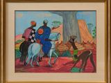 painting of three men riding horses in a desert setting