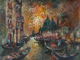 tableau représentant une peinture de bateaux sur un canal, avec une église en arrière-plan