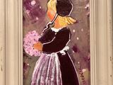 a painting of a little girl holding a bouquet of flowers