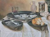 a painting of a table with plates of food on it
