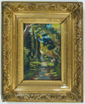 un tableau représentant un sentier dans un parc, avec des arbres et des buissons