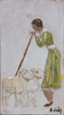 painting of a woman with a stick and sheep in a field