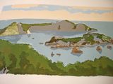 a picture of a painting of a view of a bay