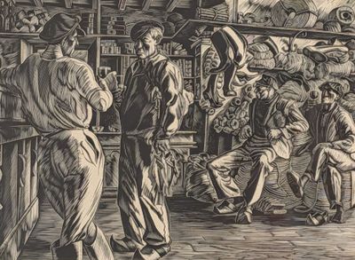 une image représentant un dessin d'un groupe de personnes dans un magasin