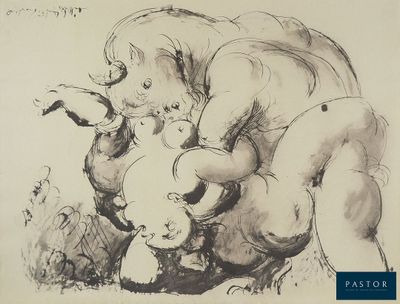 a black and white drawing of two elephants and a baby elephant