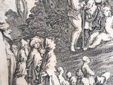 a black and white drawing of a group of people in the woods
