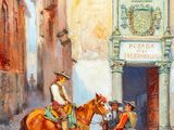 a painting of a man on a horse and a man on a horse in front of a building