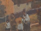 a painting of a group of people with umbrellas
