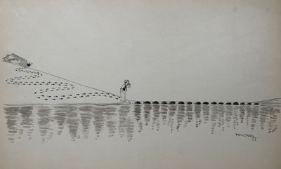 dessin représentant un homme faisant voler un cerf-volant au-dessus d'un plan d'eau