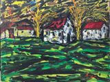 une peinture à l'huile représentant une scène de campagne avec des arbres et des maisons