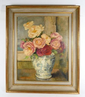 a painting of roses in a vase on a table