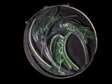 a picture of a green and black broochle on a black background
