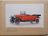 a picture of an old red car in a book