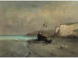 tableau représentant un bateau sur une plage, près d'une falaise