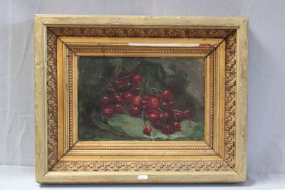 an oil painting of cherries in a gold frame on a white background