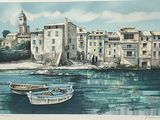 a picture of a painting of a boat in the water