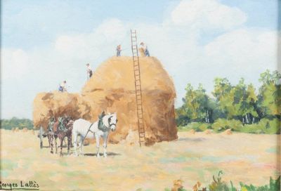 a painting of two horses pulling hay with a man on a ladder