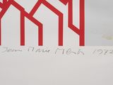an image of a red and white poster with a picture of a group of people