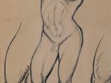 an image of a drawing of a man standing in front of a horse