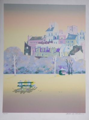 a painting of a park bench in front of a large building