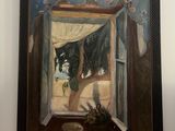 a painting of a dog sitting in a window sill next to a painting of a cat