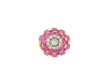a close up of a pink and white diamond ring on a white background