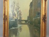 une peinture à l'huile représentant un paysage fluvial avec des bâtiments et des arbres
