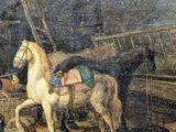painting of a white horse standing in a barn with a man sitting on a horse