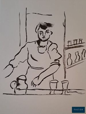 a black and white drawing of a man in a kitchen