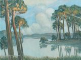 un tableau représentant un lac entouré d'arbres par une journée ensoleillée