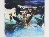 un tableau représentant un groupe d'oiseaux volant au-dessus d'un plan d'eau