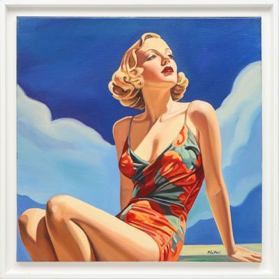 painting of a woman in a bathing suit sitting on a ledge