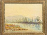 a painting of a river scene with trees in the distance