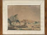 un tableau représentant un paysage avec une maison et des arbres au premier plan